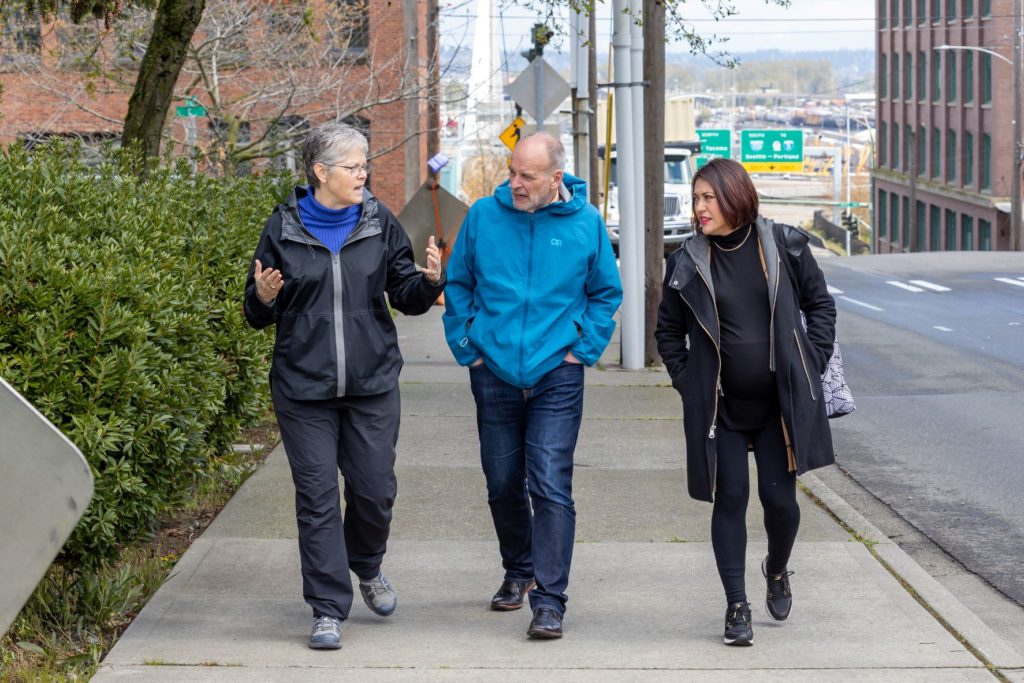 Jinkins, Fey, Trudeau walking on Tacoma downtown street