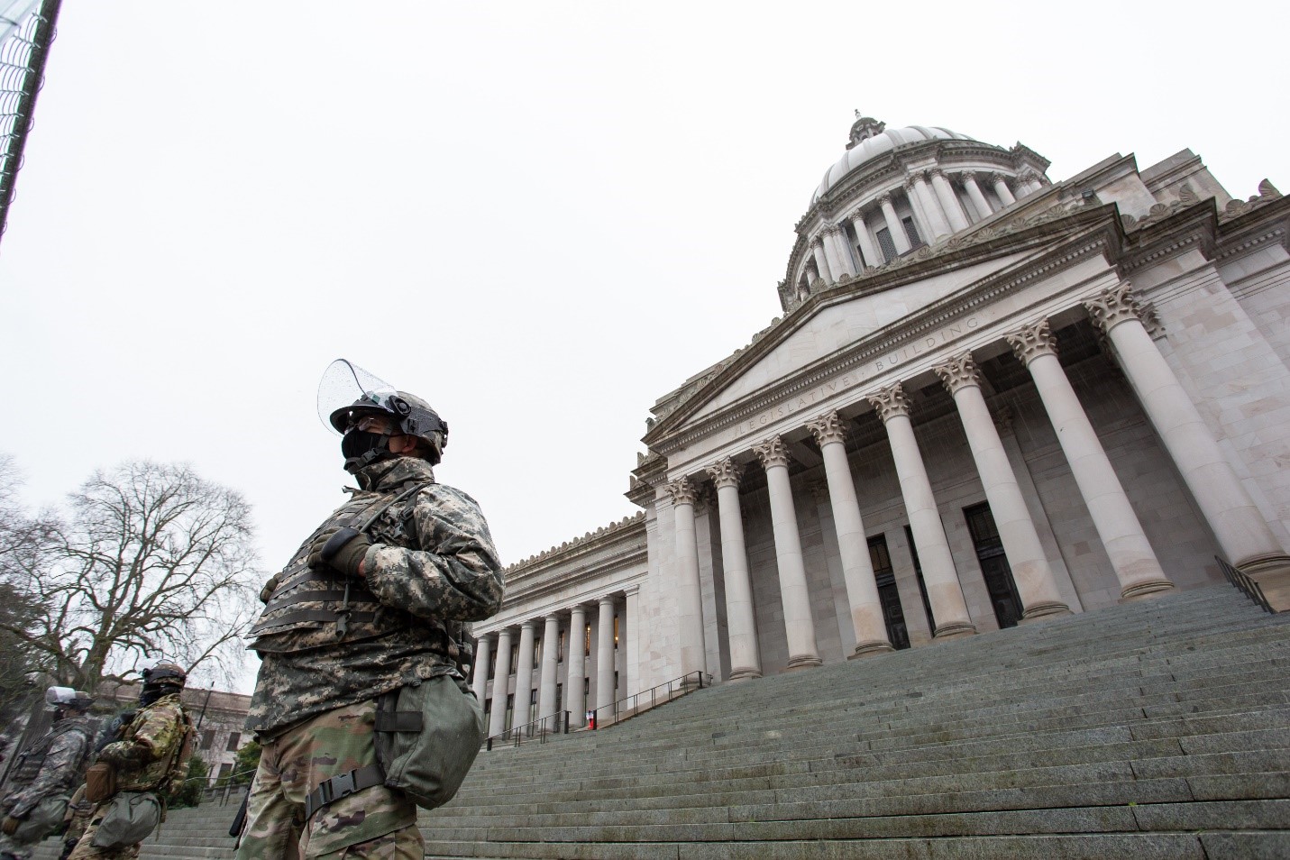 National Guard solider in front of the Washington State Capitol