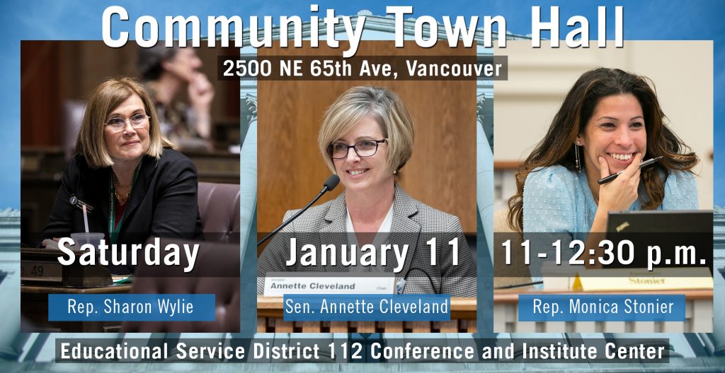 Banner with photos of all three 49th LD members and town hall info