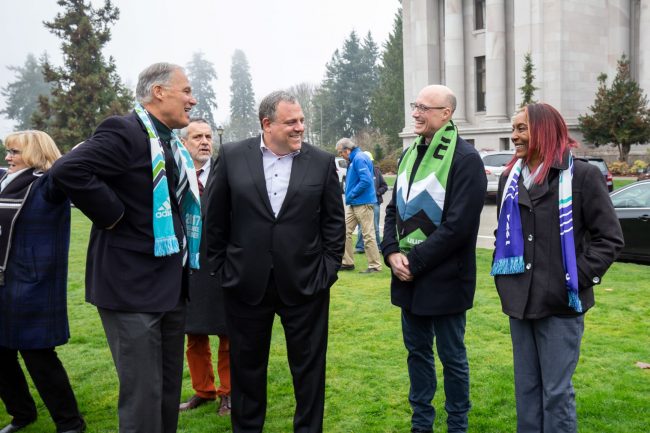 Rep. Morgan with Governor Inslee, former Seattle Sounders goalkeeper Kasey Keller and Sounder FC General Manager and President Garth Lagerwey after raising the Sounders flag at the state capitol.
