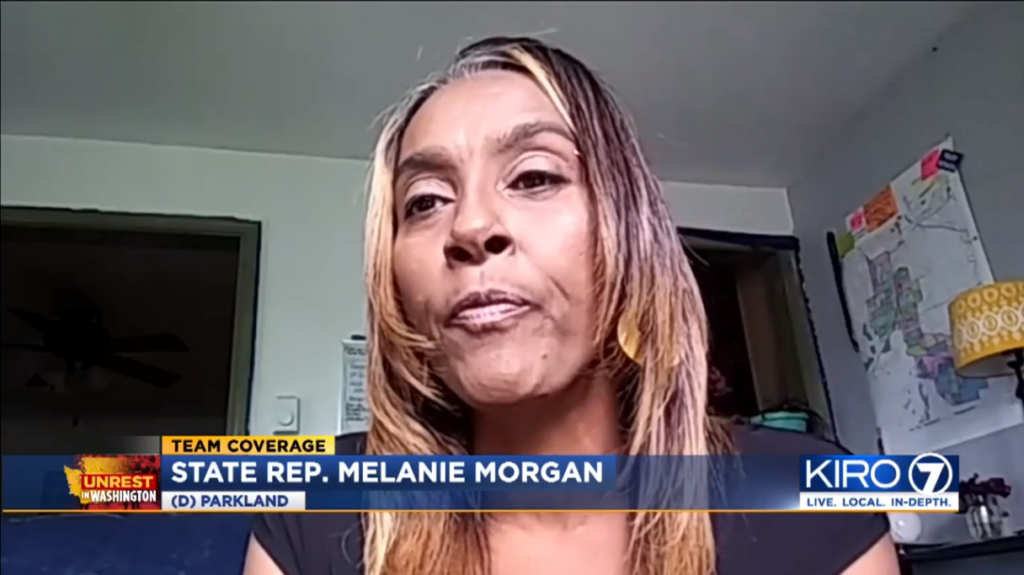 A screenshot of Rep. Morgan speaking on camera to the KIRO 7 reporter about her bill to make Juneteenth a state holiday