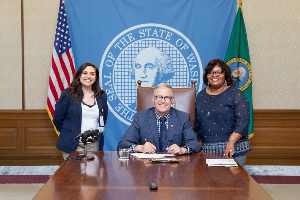 Gov. Inslee signs House Bill No. 1055, April 8, 2019. Relating to authorizing law enforcement to arrest persons in violation of certain no- contact orders involving victims of trafficking and promoting prostitution offenses. Primary Sponsor: Debra Entenman