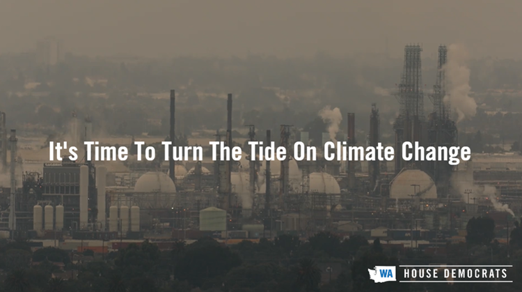 Picture of a power plants with text in the center reading, "it's time to turn the tide on climate change".