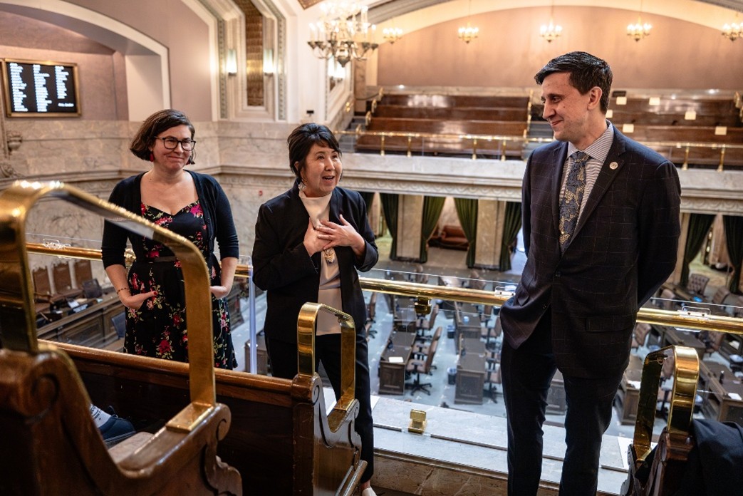 Rep. Ramel, Rep. Lekanoff, & Sen. Lovelett meeting with students and stakeholders during the 2025 legislative session in the House Gallery. January 29, 2025.