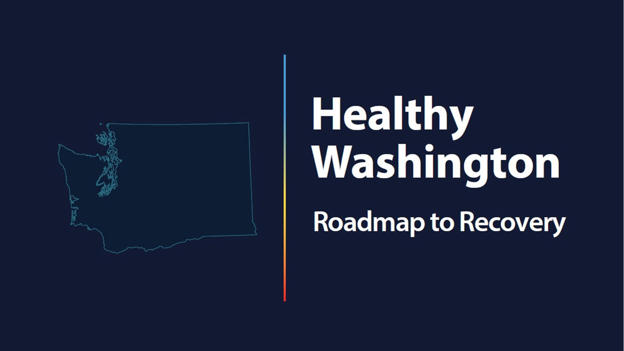 An image with Washington State on the left and text on the right that says Healthy Washington Roadmap to Recovery