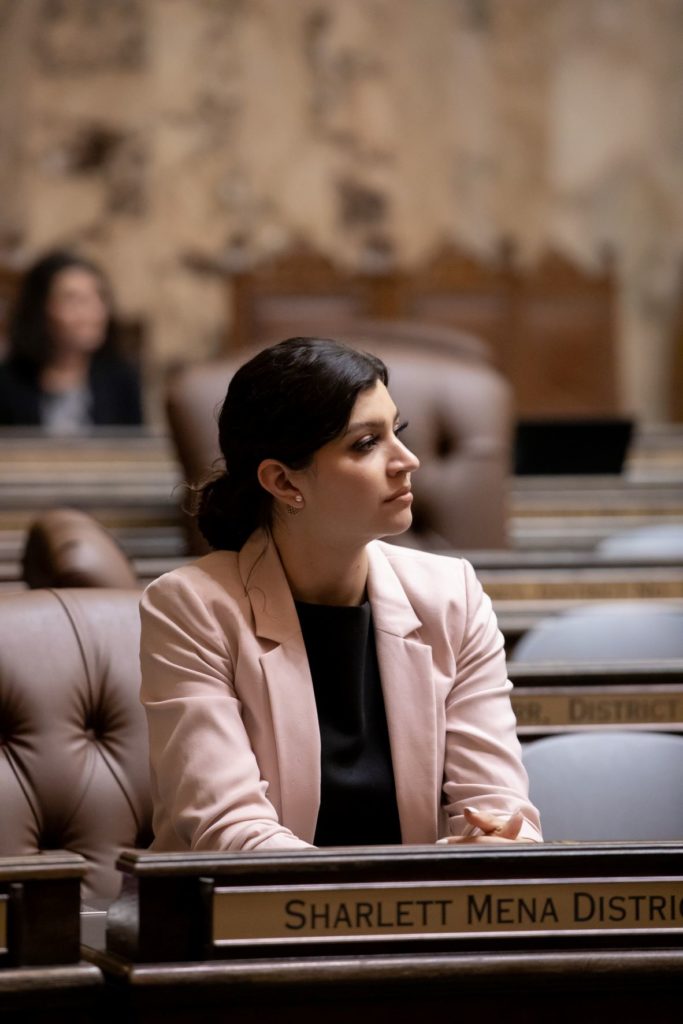 Rep. Mena sits at her desk on the House floor. 
