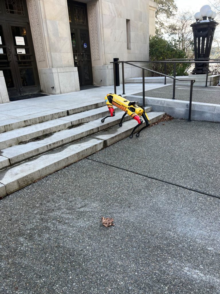 Spot, the robot dog, climbs stairs. 