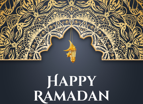 An image depicting a modern rendition of a minaret and domes from a mosque in gold and black outlines. Below the depiction is the text "Happy Ramadan".