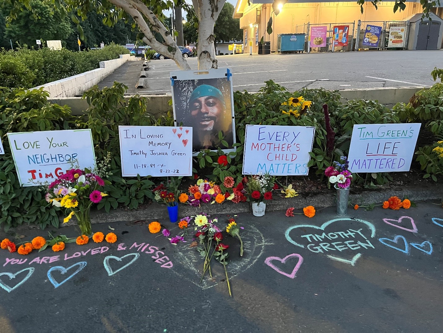 Tribute to Timothy Green, killed by Olympia Police in August 2022.