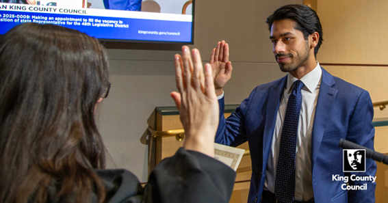 Osman Salahuddin is sworn in as the newest representative from the 48th Legislative District. PC: King County Council